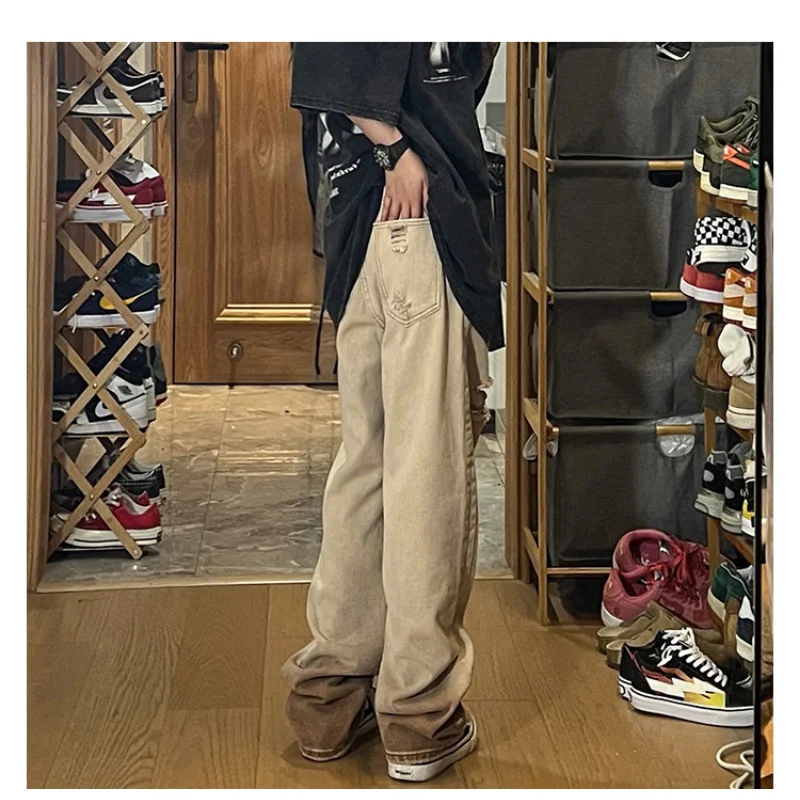 Spring Autumn High Street Vintage Ripped Jeans Ins Fashion Loose Straight Leg Trousers Casual All-match Men Clothing