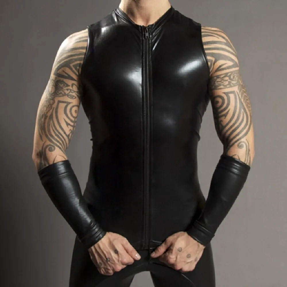 

Mens PU Leather Tank Tops Sleeveless Zip T-Shirt Gym Fitness Sport Shirts Male Party Club Wear Sexy Man O-neck Undershirts