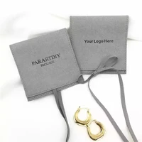 SheepSew Customize Logo Gray Deboss Print Elegant Design Ribbon Flap Suede Microfiber Packaging Bag Jewelry Pouches