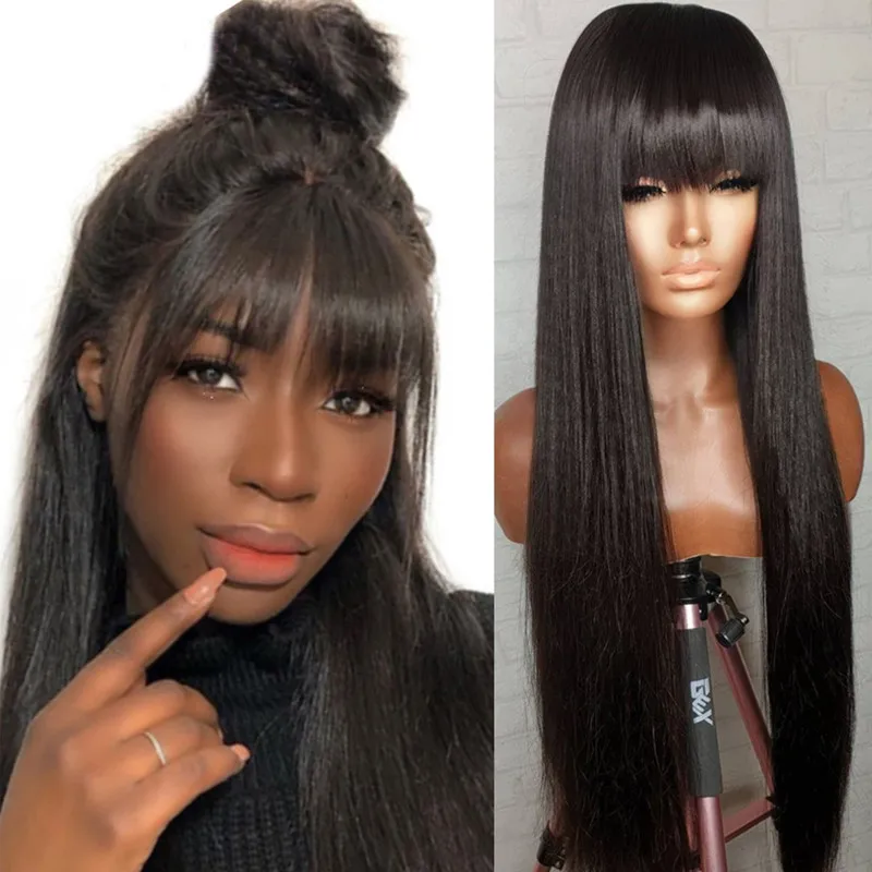 

Натуральный черный шелковистый прямой парик 180 плотности с челкой для чернокожих женщин высокотемпературный косплей безклеевой ежедневный