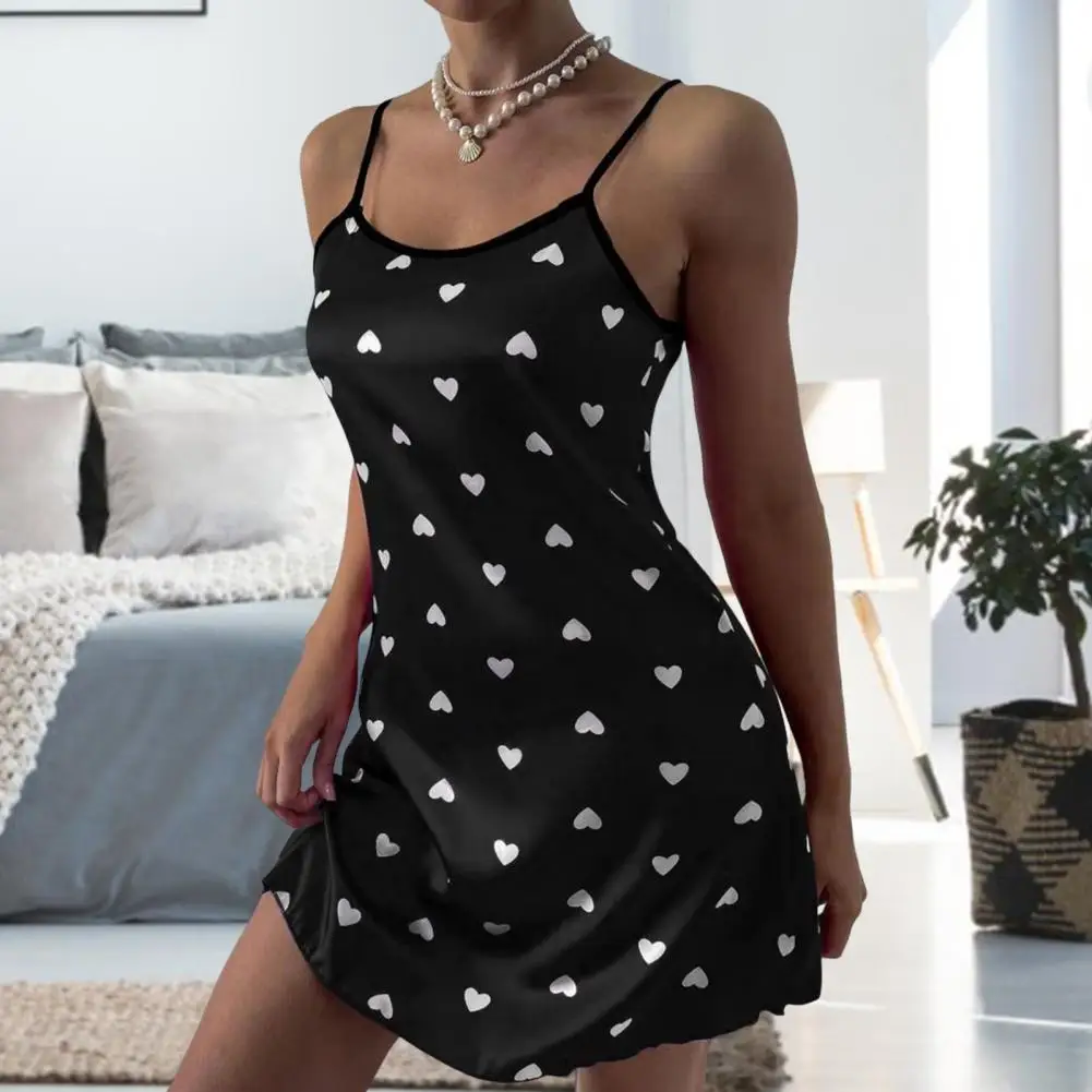 

Women Nightdress Satin Sleeveless Backless Heart Print Above Knee Seductive Low Cut Spaghetti Strap Women Nightie for Sleeping