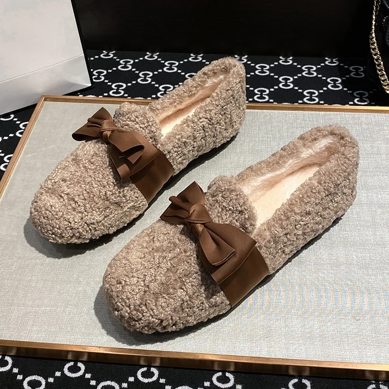 Woman Curly Fur Flats Silk Bow Plush Cotton Loafers Fleece Lambswool Moccasins Femmes Furry Boots Winter Warm White Wool Shoes