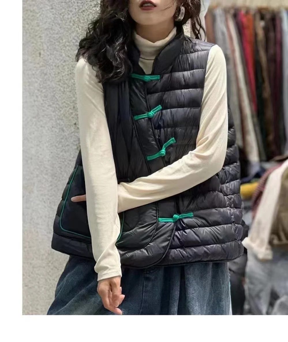 Художественный ретро легкий белый пуховик на утином пуху жилет верхняя одежда