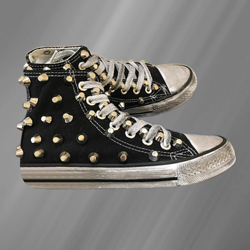 

Do old dirty high-top canvas shoes handmade custom cylinder rivets walking party fashion casual shoes 35-46