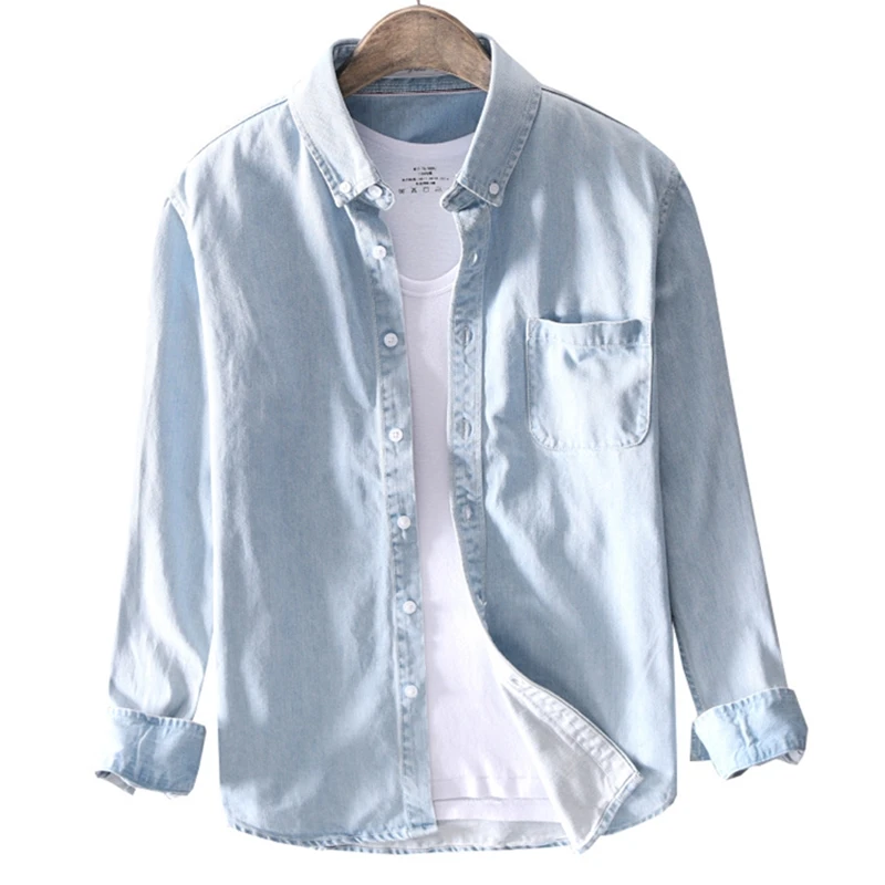 

Men's Thin Lapel Denim Shirt High-quality Fashion Casual Long-sleeved Shirt Solid Color Classic Cotton Plus Size Top