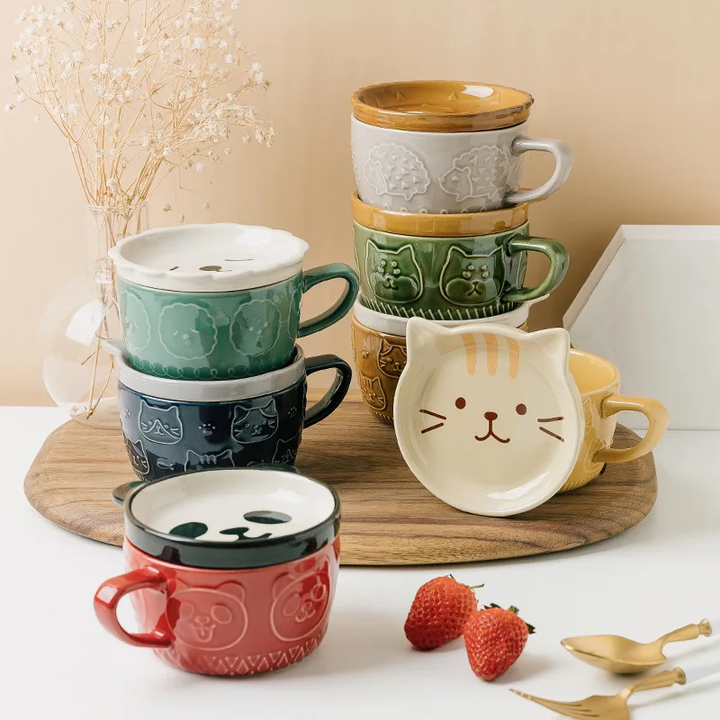 

Ceramics Cute Cat Cup Shiba Inu Coffee Cups Mug with Lid Kawaii Plates and Bowls Kids Breakfast Oat Milk Mugs Kitchen Tableware