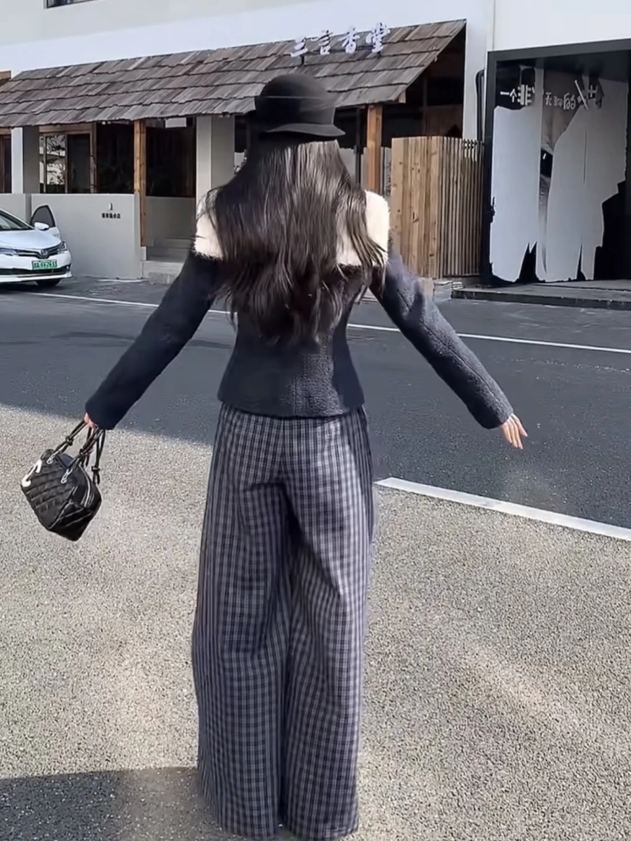 Fujia Golden Sense Graceful Woolen Jacket Sailor Collar Design Autumn and Winter Warm Waist Hugging Top Wide Leg Pants Set