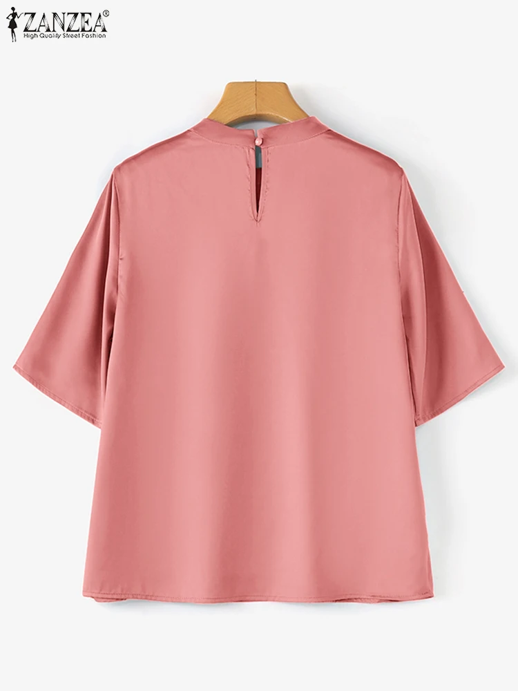 Женская атласная шелковая блузка модные туники ZANZEA с воротником-стойкой лето 2024