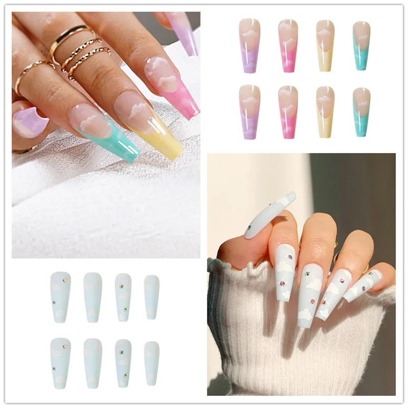 

24Pcs/Box False Fake Nails Cloud Wavy Line Design Rhinestone Decorations Press On Wearable Full Cover Long Nail Fashion Manicure