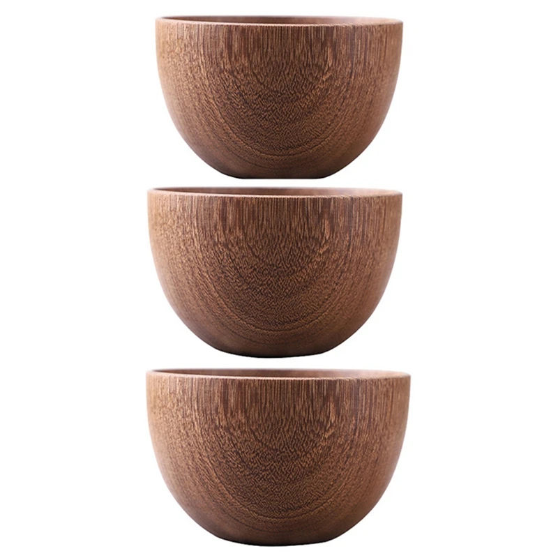 

Chicken Wing Wooden Household Rice Bowl Whole Wood Hollowed Out Rice Bowl Retro Three-Piece Solid Wood Tableware Bowl