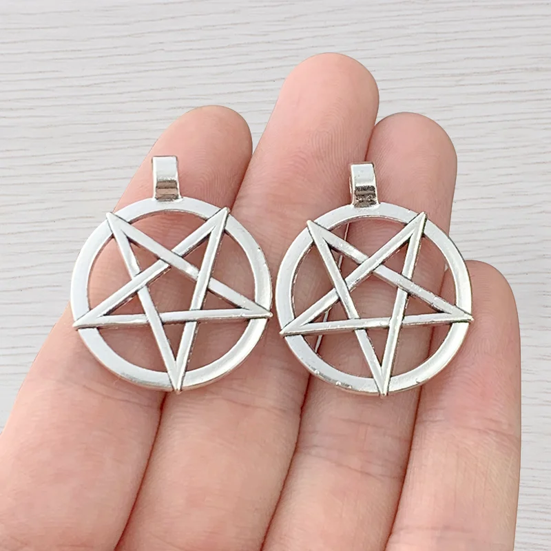 

10 x Antique Silver Color Pentagram Pentacle Circle Pagan Wicca Charms Pendants For Necklace Earrings Jewelry Making 27x33mm