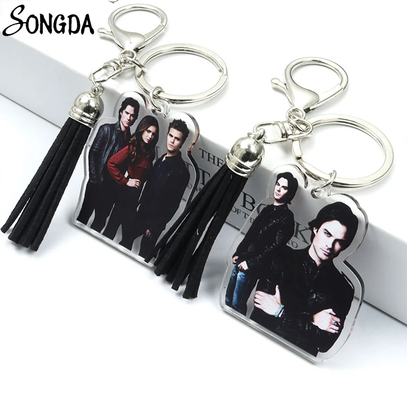 

Classic Movie The Vampire Diaries Leather Tassel Acrylic Keychains Holder Elena Stefan Double Sided Key Chains Keyrings Jewelry