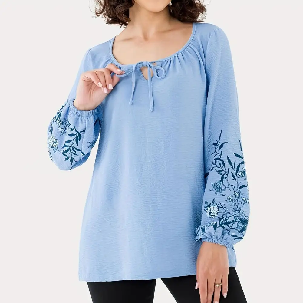 

Women Printed Embellished T-shirt Flower Print Long Sleeve Pullover Tops Women's O-neck Hollow Out Lace-up T-shirt with Loose