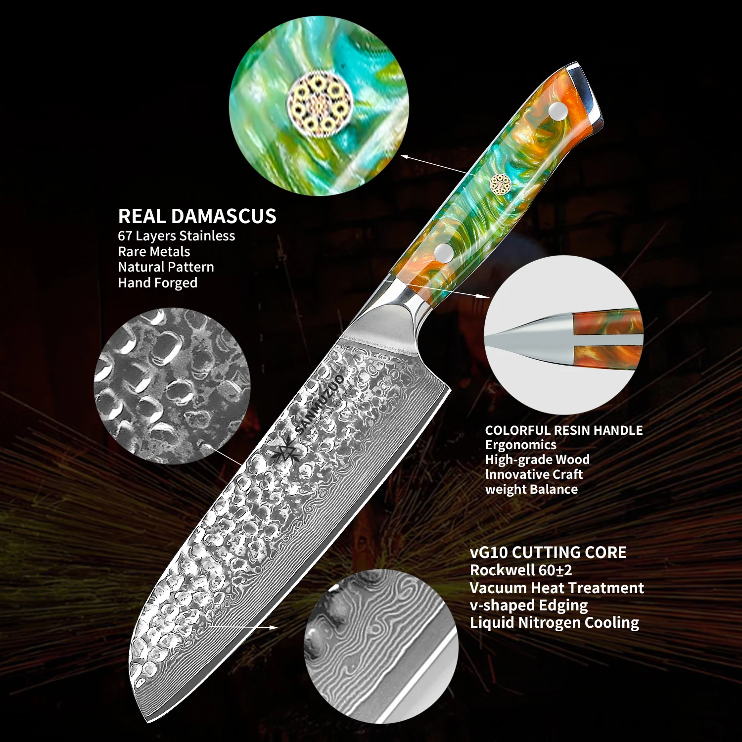SANMUZUO 7-дюймовый нож сантоку-японский шеф-нож-ручка из дамасской стали и