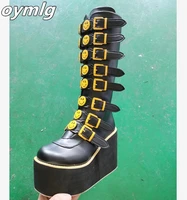 womens yellow smiley face gothic boots buckle strap platform wedges heel winter punk shoes increasing cosplay party new