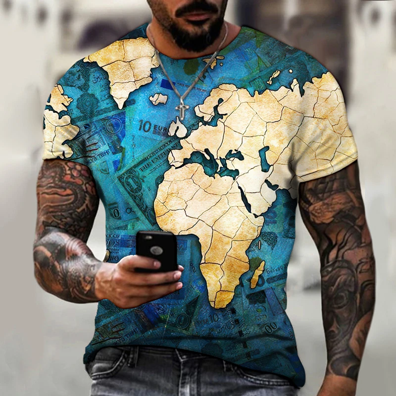 

World Map 3D Printing European And American Street Harajuku Style Fashion Men's T-shirt Summer Short-sleeved Top Round Neck