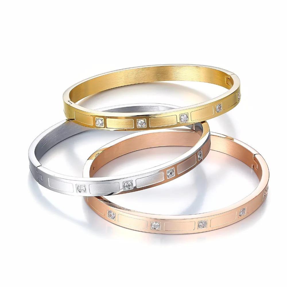 

Fashion Lady Gold/Rose Gold/Silver Color Bracelet With AAA CZ Crystal Stainless Steel Bangles For Women Men Lover Jewelry