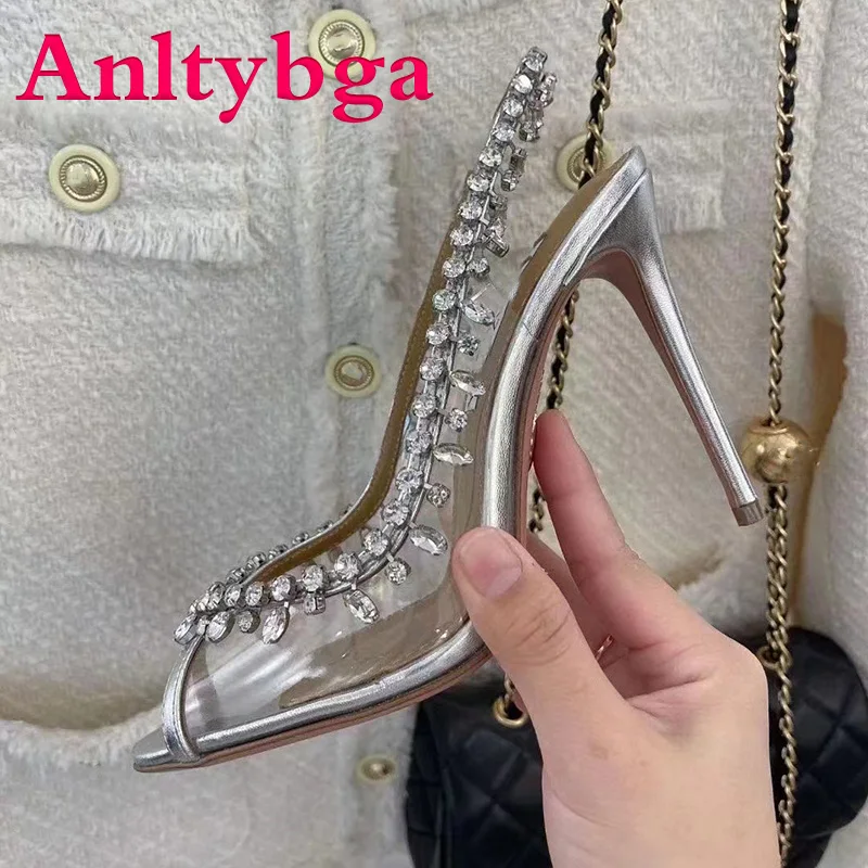 Women's High Heels Wedding Shoes Crystal Slippers Fish Mouth High Heels Silver Super High Heels