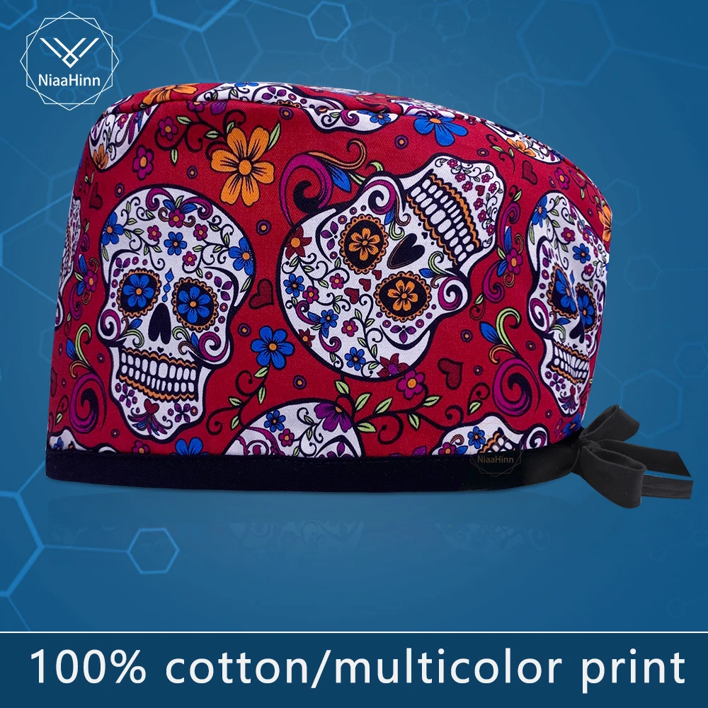 

Skull Print Fashion Personalized Unisex Outdoor Dustproof Breathable Wholesale Cotton Scrubs Hat Pet Shop Cleaning Surgical Caps