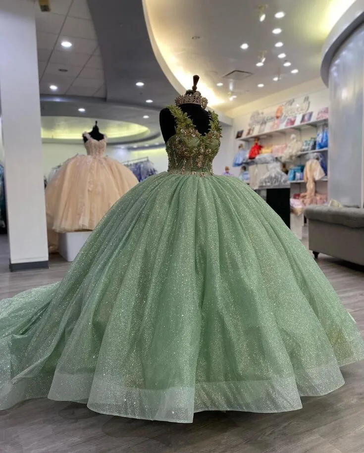 

Mint Green Princess Quinceanera Dress 3D Floral Gillter Skirt Corset Bustle vestidos para festa de 15 anos Sweet 16 Prom Gown