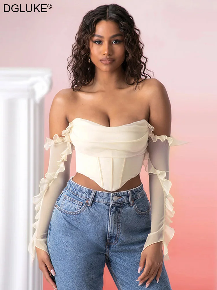 

Женский прозрачный сетчатый укороченный Топ без бретелек с рюшами и длинным рукавом