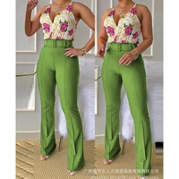 sexy 2 piece set women spaghetti strap v neck backless top high waist flared pants long pants suit women slim fit printing suit