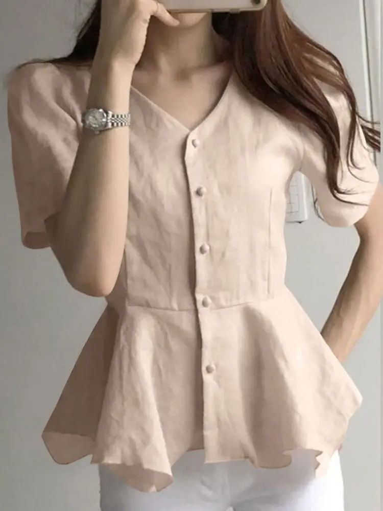 

Однотонная блузка ZANZEA с асимметричным подолом, лето 2022, топы с коротким рукавом, женские элегантные рубашки с V-образным вырезом, повседневн...