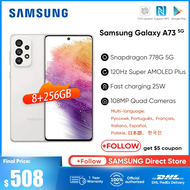 Samsung Galaxy A73 A736BDS 5G Smartphone Snapdragon 778G 5000mAh Battery 120Hz Super AMOLED Plus 108MP Quad Cameras Cellphone