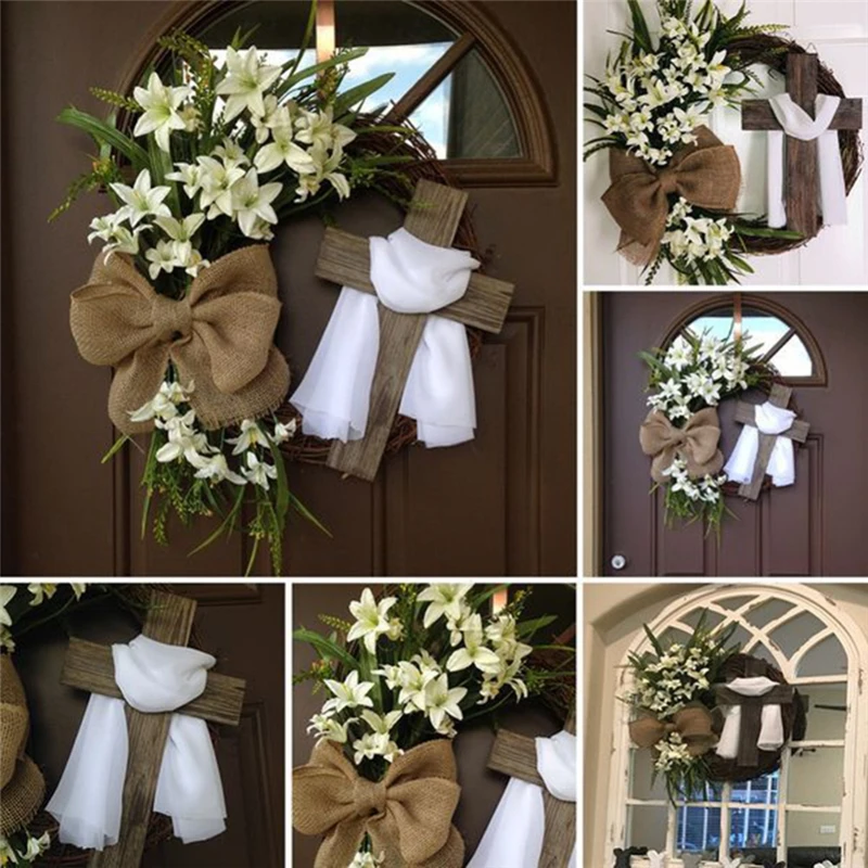 

Easter Wreath with Cross Spring Decoration DIY Easter Front Door Garland Wall Hanging Home Farmhouse Artificial Flower