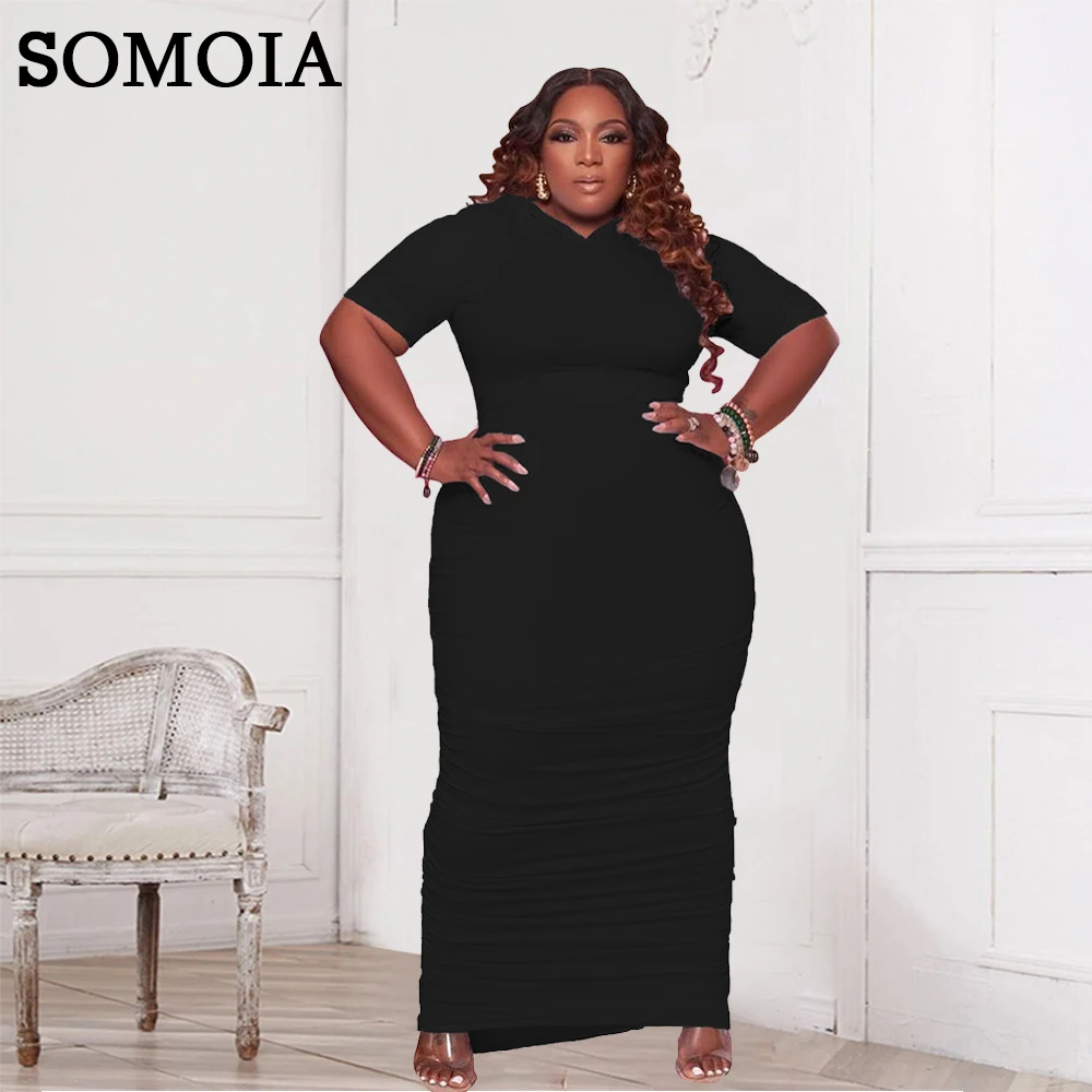 

SOMOIA XL-5XL Plus Size Dresses Solid Color V-Neck Hooded Dress Casual Fashion Slim Fit Simple Dress Wholesale Dropshipping