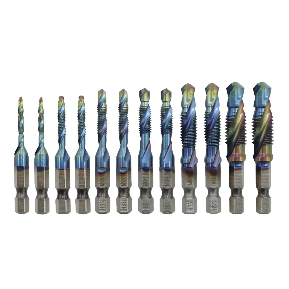 

12pcs Metric Right Hand Thread Tap M3 M4 M5 M6 M8 M10 Cone Drill Bit HSS 1/4'' Composite Hex Shank Hole Tapping Chamfering