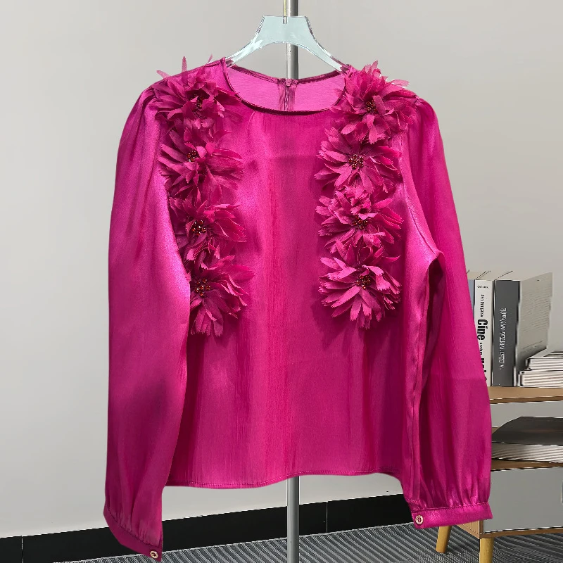 KBQ однотонные шикарные рубашки с аппликацией для женщин круглым вырезом в стиле