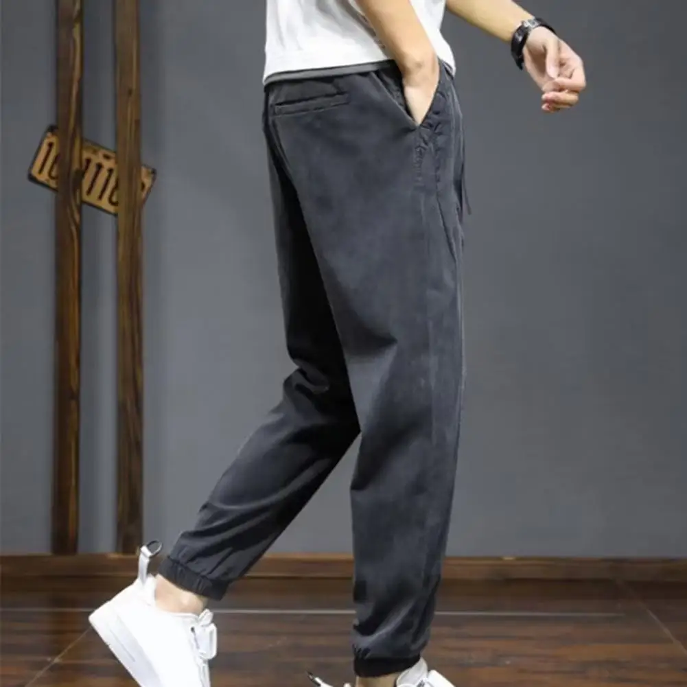 

Solid Color Pants with Pockets Men Straight Pants Breathable Ice Silk Harem Trousers Elastic Waist Soft Stretchy for Outdoor