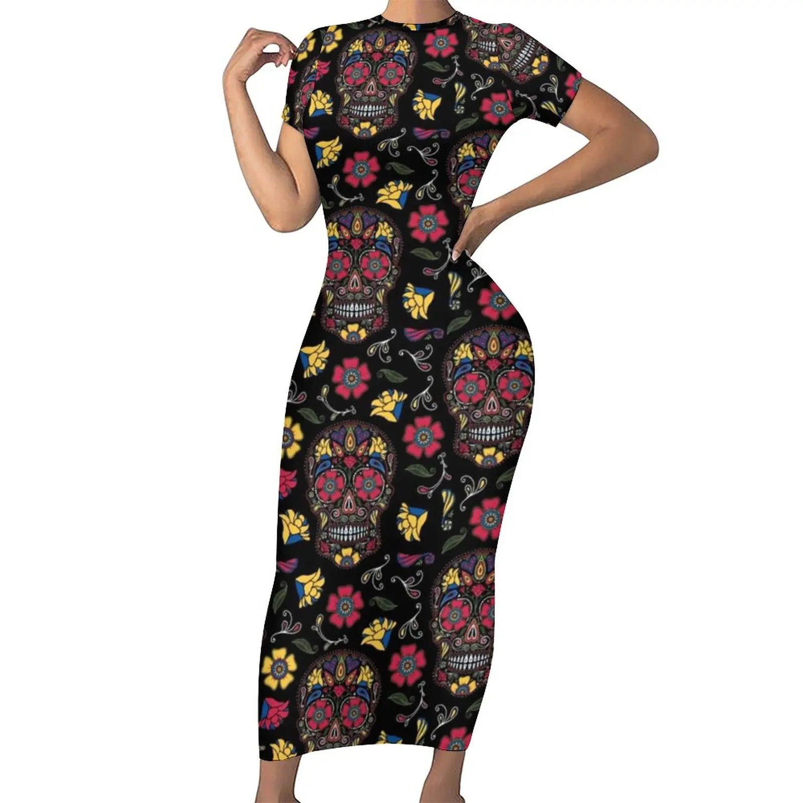 

Halloween Day of The Dead Dress Short Sleeve Skull Flowers Print Aesthetic Maxi Dresses Kawaii Bodycon Dress Oversized Clothes