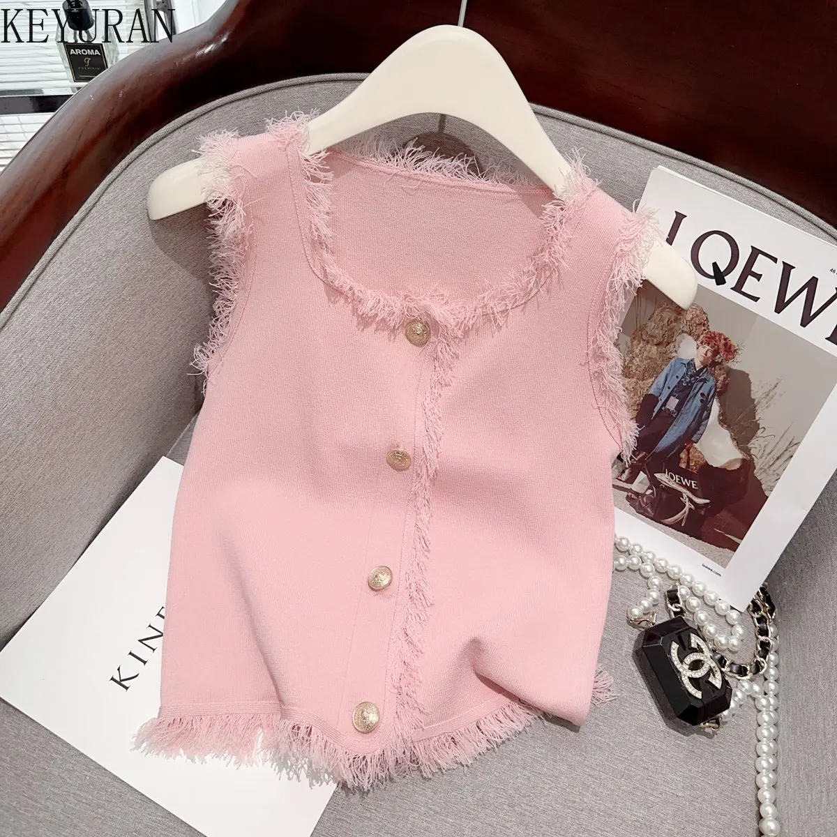 

Tassel Knitted Vest for Women 2023 Summer New Vintage V-Neck Pullovers Sleeveless Sweater Vests Knitwear Tank Crop Tops Jumpers