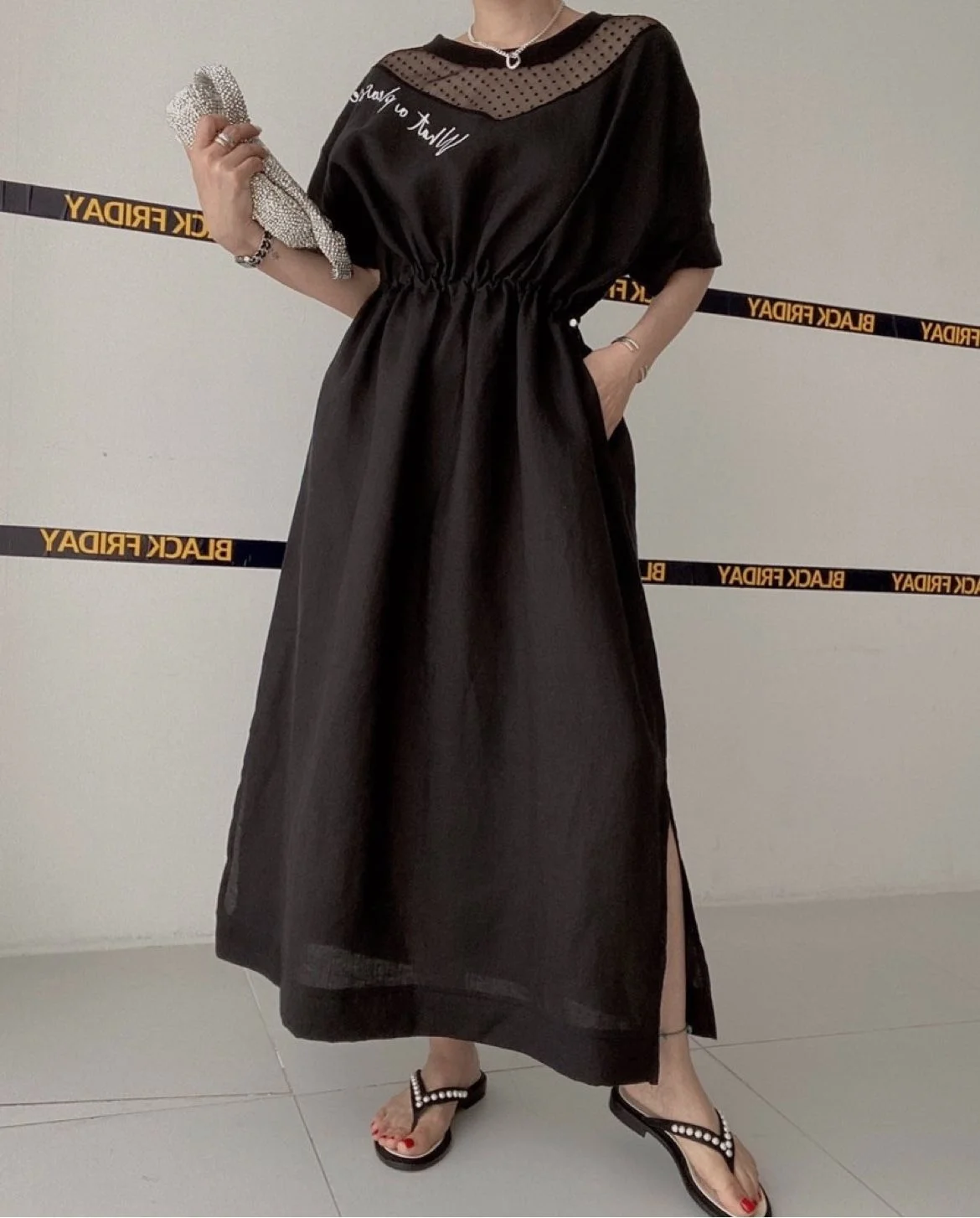 

Design Sense Mesh Stitched Slit Mid Length Dress Minimalist Dress Pullover Loose Thin Elegant Dress Summer 2022 New