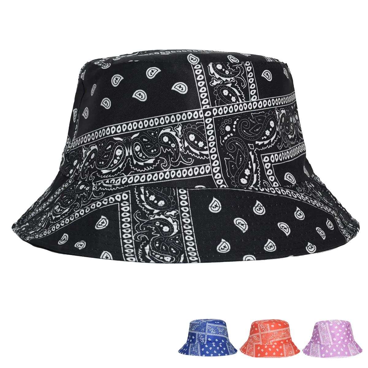 

New Unisex Fashion Summer Reversible Black White Cashew Flowers Printed Fisherman Caps Bucket Hats Gorro Pescador Men Women