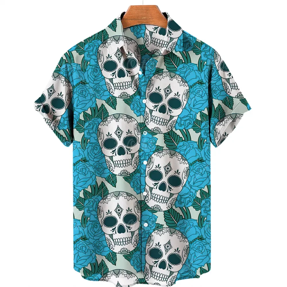 

2022 New Retro Lined for Men Skull Print Shirt Summer Fashion Statement T Shirts Women Casual Short Sleeve Hawaiian Shirt Camisa