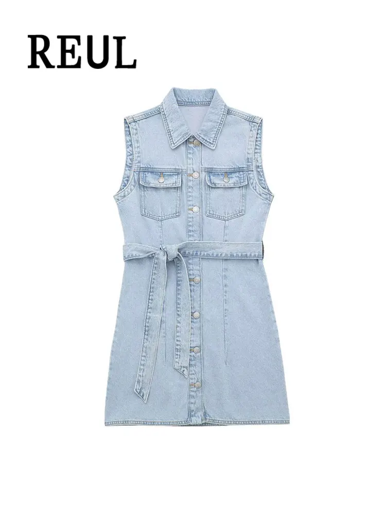 

REUL Women Fashion With Pocket Front Button Denim Mini Dress Vintage Sleeveless Female With Belt Dresses Vesidos Mujer