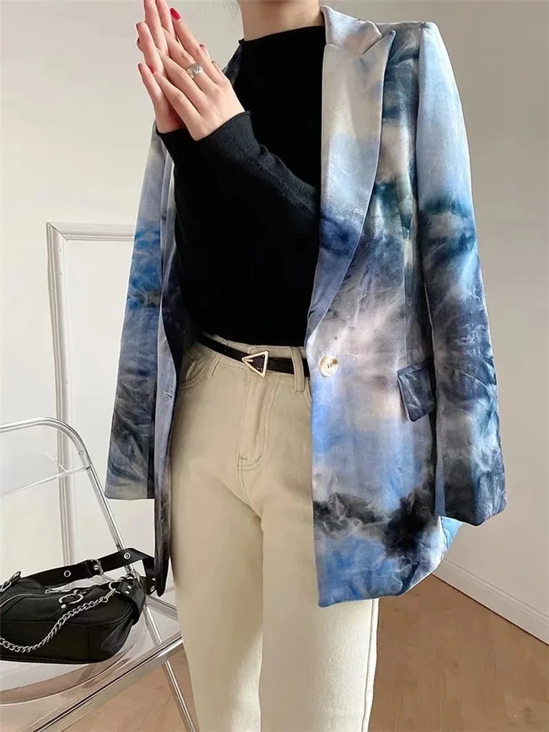 2021 Tie-dye Velvet Mid Length Blazer Suit Women Fashion Print Single Button Blazer Coats Casual Loose Commute Formal Clothing