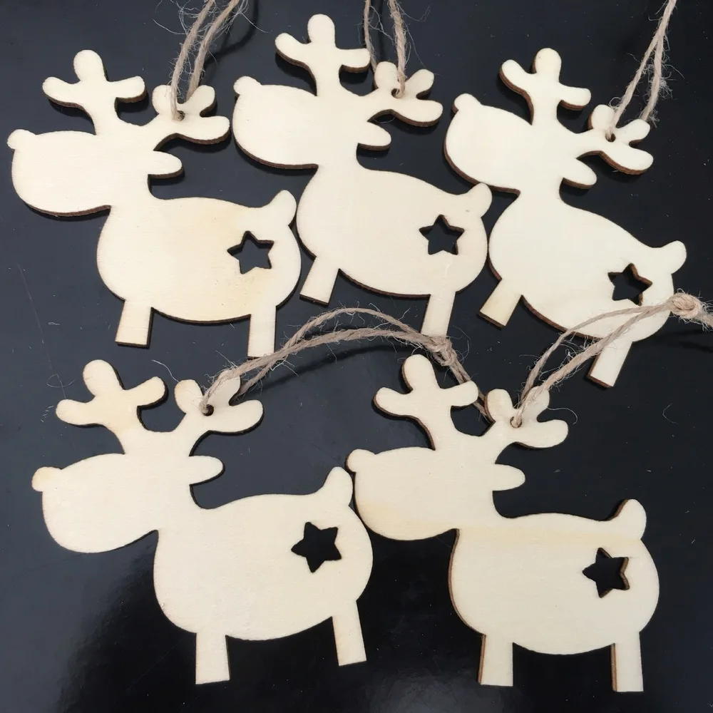 

10Pcs Christmas Natural Wooden Chip Santa Claus Snowflake Christmas Tree Hanging Ornaments Pendant Navidad Decoration DIY Craft