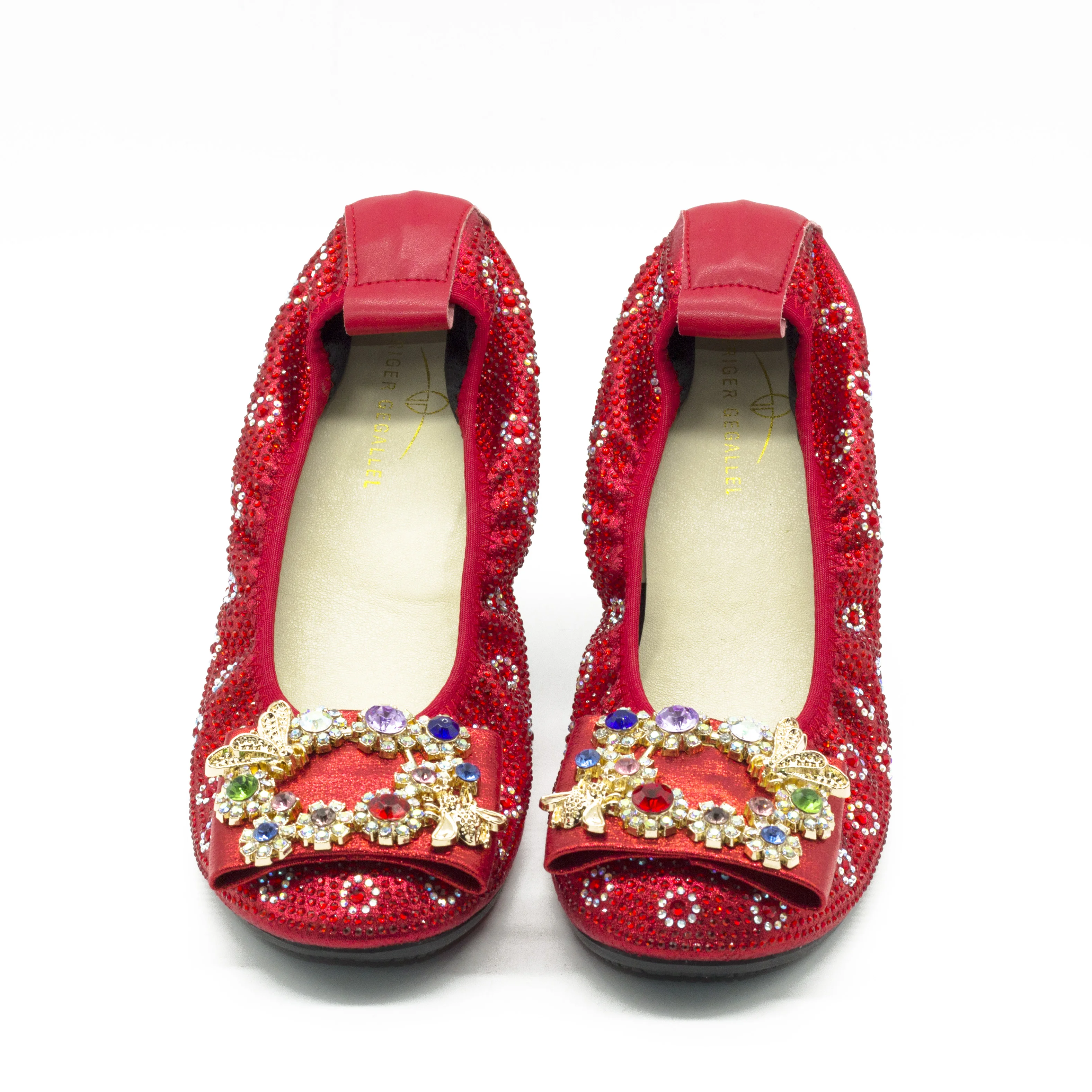 168-21 Red Ballet Shoes for Party Wedding Dress Flats Women Flexible Sole Shiny Rhinestone Buckle Women Ballet Flats for Lady