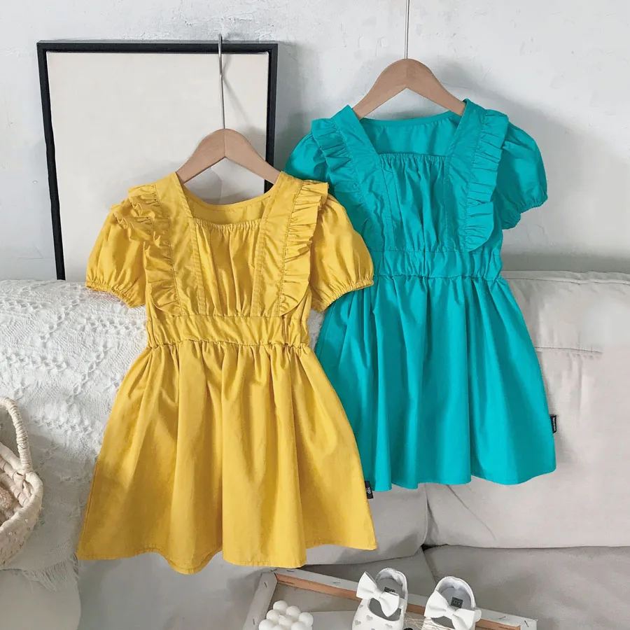 

Корейское модное платье, одежда для маленьких девочек, лето 2022, желтые/зеленые однотонные платья принцессы с пышными рукавами и оборками, от...