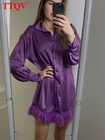 ttqv fashion purple satin mini dress casual loose lapel long sleeve dress elegant feather patchwork dresses for women 2022