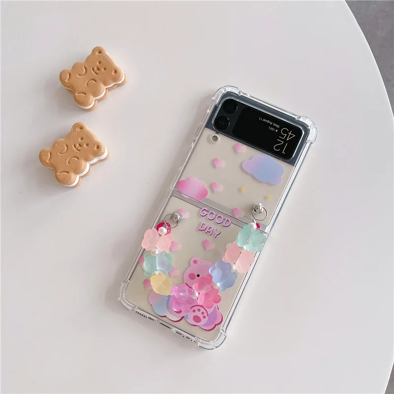 

Bear Strawberry Colorful Chains Phone Case for Samsung Galaxy Z Flip 4 3 Soft TPU Back Cover for ZFlip4 ZFlip3 Cases Shell