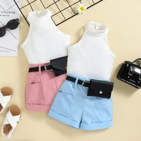 little girl three piece outfits solid color sleeveless ribbed stand up collar tops belted short pants small waist pack 6m 4t