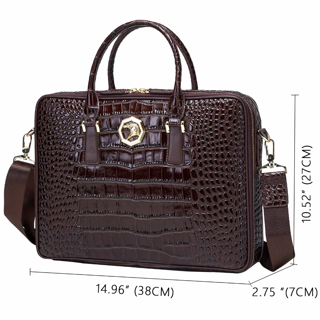 Crocodile Grain Leather Men's Briefcase Large Capacity Business Head Layer Cowhide Handbag Luxury Shoulder Bag Eagle Head Bag