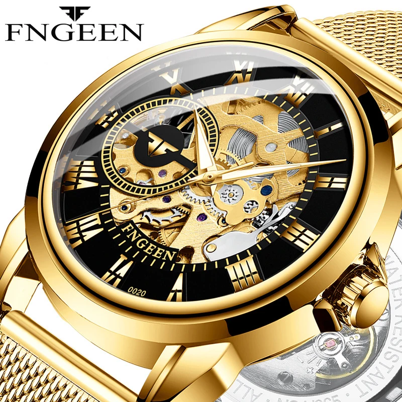 

FNGEEN Men Watch Luxury Gold Mesh Strap Mechanical Watch Fashion Skeleton Dial Personality Mens Watches Waterproof Reloj 0020