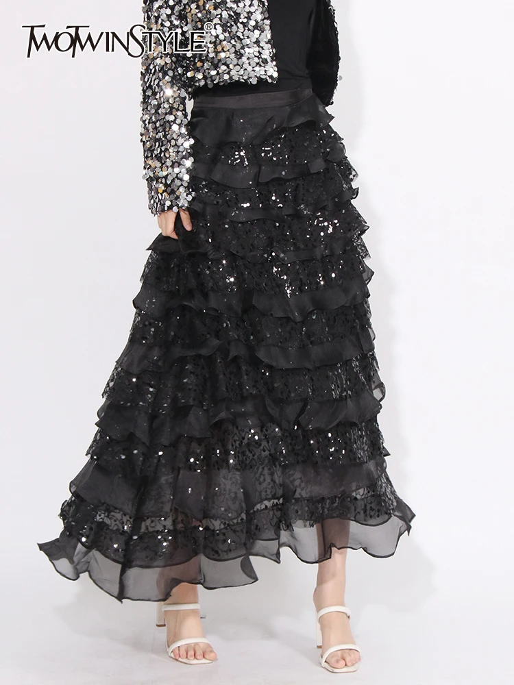 

Женская юбка с блестками TWOTWINSTYLE, многослойная юбка составного кроя с высокой талией и оборками на подоле