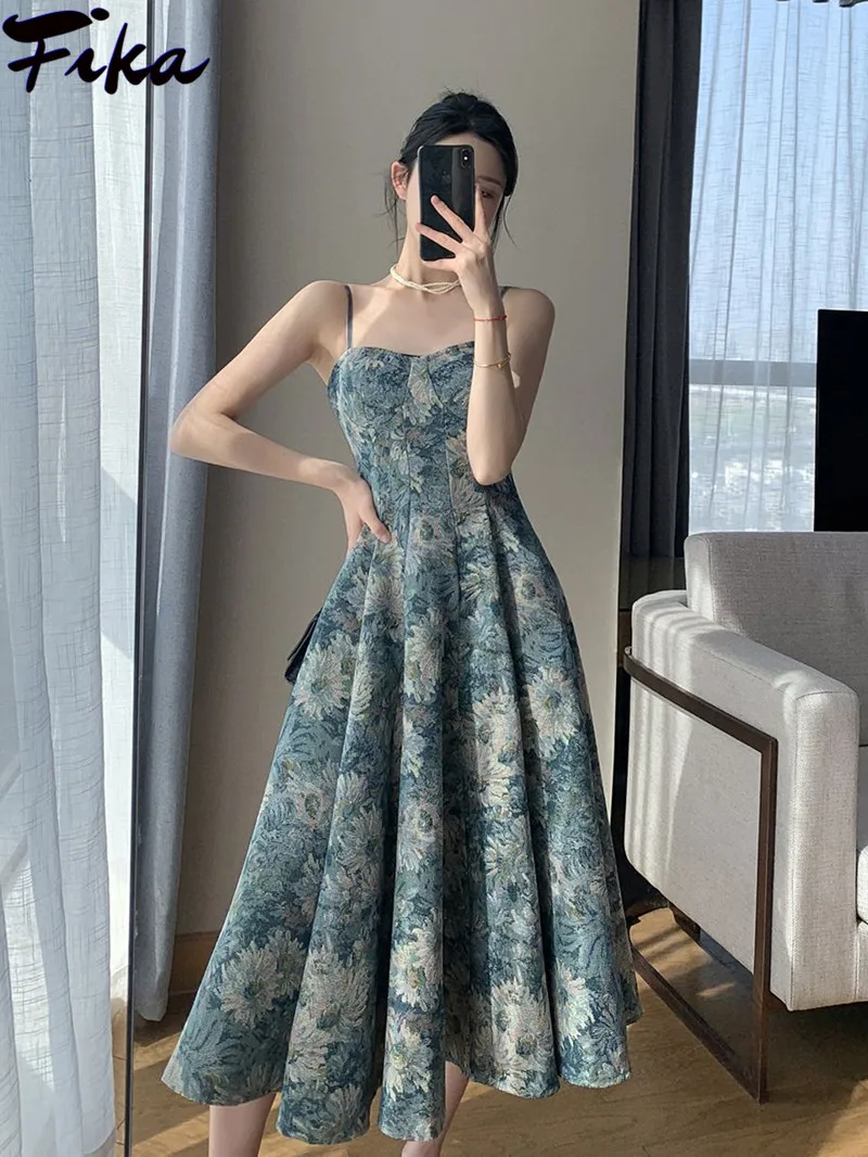 

Женское драпированное платье-трапеция, Элегантное Длинное винтажное платье макси с цветочным принтом и квадратным вырезом, облегающий сарафан в Корейском стиле, лето